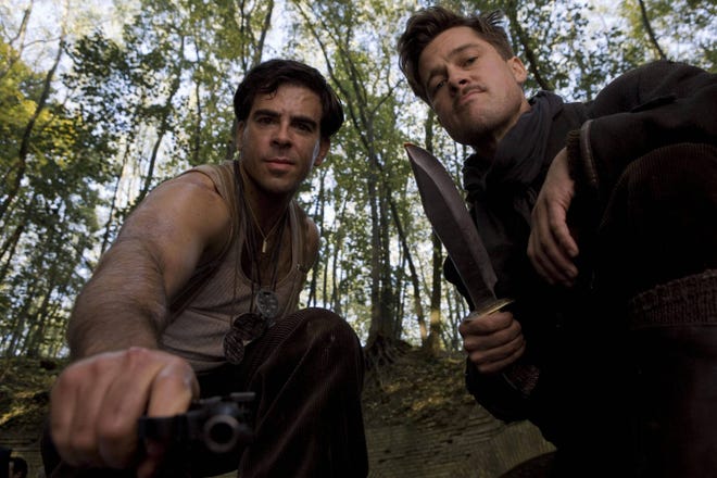 Eli Roth, left, and Brad Pitt star in "Inglourious Basterds," Quentin Tarantino's genre-bending World War II film.