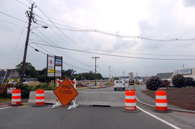 The south entrance of Westgate Mall in Brockton is closed as a $4 million road improvement project paid for with federal stimulus money begins.