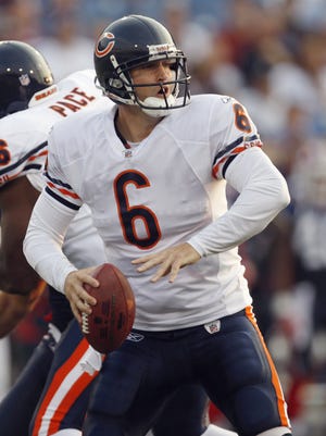 Chicago Bears quarterback Jay Cutler looks to throw Saturday, Aug. 15, 2009, during a preseason game against the Buffalo Bills at Ralph Wilson Stadium in Orchard Park, N.Y. Cutler started the preseason by completing only half his passes in last week's loss to Buffalo, throwing an interception and no touchdowns. He also offended receiver Devin Hester with postgame comments.