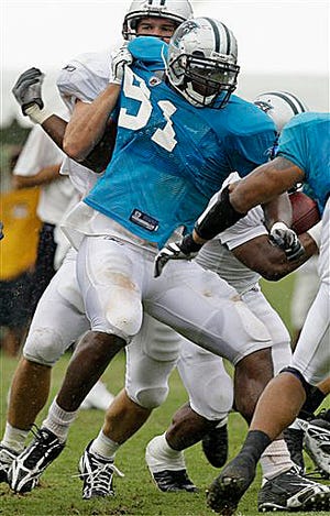 Carolina Panthers' Everette Brown (91) works out during the team's NFL football training camp.