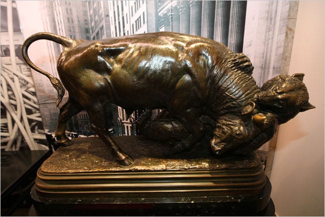 “Bull and Bear,” a bronze statue on display at the museum.