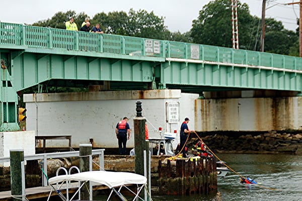 OSTERVILLE - 08/23/2009 - The body of a 23-year-old man who jumped off the Oyster Harbors Drawbridge early this morning was found this morning after a nine-hour search. Centerville-Osterville-Marstons Mills and Hyannis fire department rescuers, Barnstable and state police helped in the search. The victim was found in the waters off Bridge Street at 9:57 a.m.