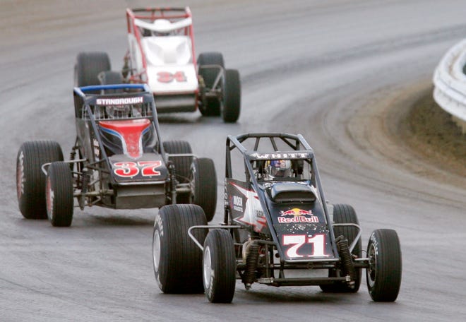 Cole Whitt leads the field as he negotiates turn four on Sunday at the Illinois State Fairgrounds.