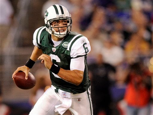 New York Jets quarterback Mark Sanchez scrambles during a preseason NFL football game against the Baltimore Ravens on Monday night. The rookie has been named the Jets' starting quarterback.