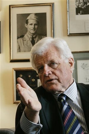 In this April 7, 2006 file photo, Sen. Edward Kennedy, D-Mass. gestures while discussing his upcoming new book "America Back on Track", in his office on Capitol Hill in Washington. Kennedy, the last surviving brother in an enduring political dynasty and one of the most influential senators in history, died at his home on Cape Cod after a yearlong struggle with brain cancer. He was 77. (AP Photo/Pablo Martinez Monsivais, FILE)