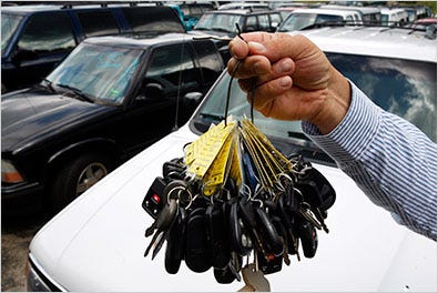 Keys to a fleet of cash-for-clunkers trade-ins at Lee Toyota in Topsham, Me.