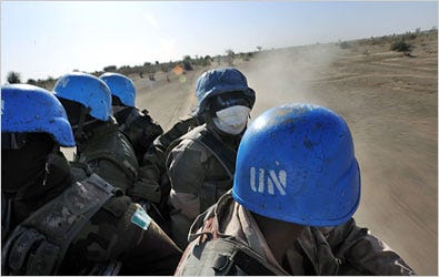 Peacekeepers on patrol in south Darfur in March. A United Nations-African Union force operates in the Darfur region.