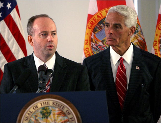 George LeMieux, left, at a news conference Friday where Gov. Charlie Crist introduced him as Florida’s new senator.