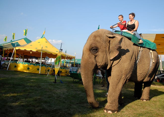 WOODSTOCK 9/4/2009
Aidan Morissette of Putnam, 7, and his mom, Sharon, hitch a ride atop "Beulah," an 11,400 pound Asian Elephant at the at the Woodstock Fair Friday, September 4, 2009. 
Tali Greener/Norwich Bulletin