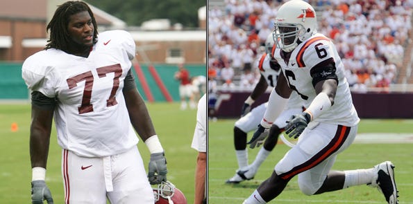 One of the matchups to watch Saturday when Alabama plays Virginia Tech will be first-year starter James Carpenter of Alabama, right, and the Hokies’ Jason Worilds. Carpenter replaces Andre Smith for the Tide, while Worilds is coming off an injury-plagued season.
