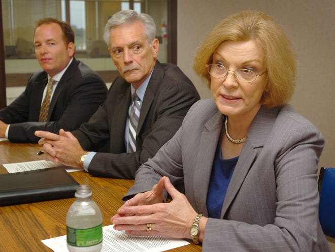 From left, Jeff Rich of the Mass. Business Association, Thomas A. Croswell, COO of Tufts Health Plan, and Marylou Buyse, M.D., president of the Mass. Association of Health Plans, discuss health care reform at a Patriot Ledger Editorial Board meeting.
