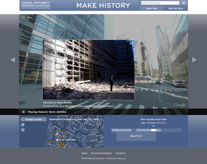 This undated image taken from a computer screen and provided by the "National September 11 Memorial & Museum at the World trade Center," shows an example of the interactive feature of the site where the public can choose images to view and read stories to read from the events of Sept. 11, 2001. Visitors also are encouraged to add to the collection should they have photos, video or remembrances of that day.