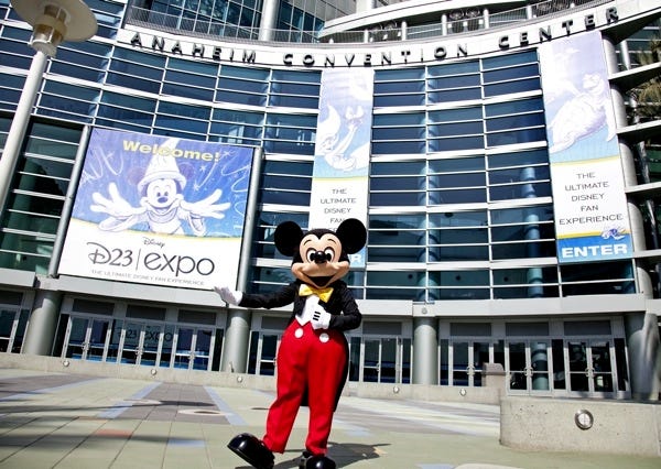 Mickey Mouse stands in front of the Anaheim Convention Center in preparation for the Disney D23 Expo in Anaheim, Calif.