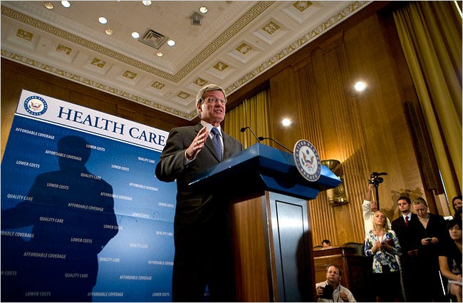 Senator Max Baucus discussed his health care proposal during a news conference in Capitol Hill on Wednesday.