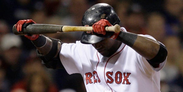 Designated hitter David Ortiz shows his frustration after striking out against the Los Angeles Angels in the bottom of the ninth.