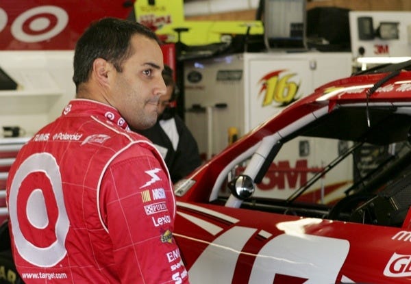 Driver Juan Pablo Montoya, of Colombia, gets ready for the final practice session while preparing for the 10-race Chase for the Championship in Sunday's NASCAR Sprint Cup series Sylvania 300 auto race at New Hampshire Motor Speedway in Loudon, N.H., Saturday, Sept. 19, 2009.