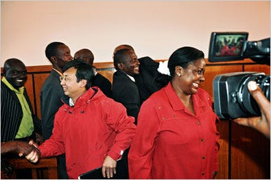 Tekla Lameck, right, a Namibian public service commissioner, in court in the capital, Windhoek, was arrested after a Chinese company deposited $4.2 million in the account of a consulting company she set up.
