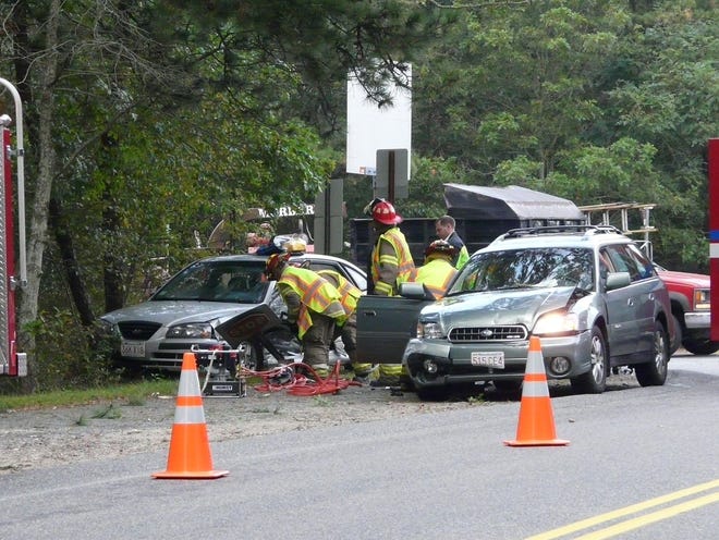Two people were taken to Cape Cod Hospital with non life- threatening injuries this morning following a two-car crash at the intersection of the Service Road and Route 149 in West Barnstable.