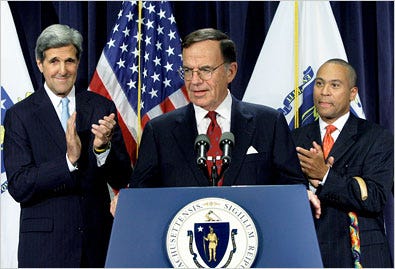 Paul G. Kirk Jr., center, with Senator John Kerry, left, and Gov. Deval Patrick, at the Statehouse in Boston on Thursday.