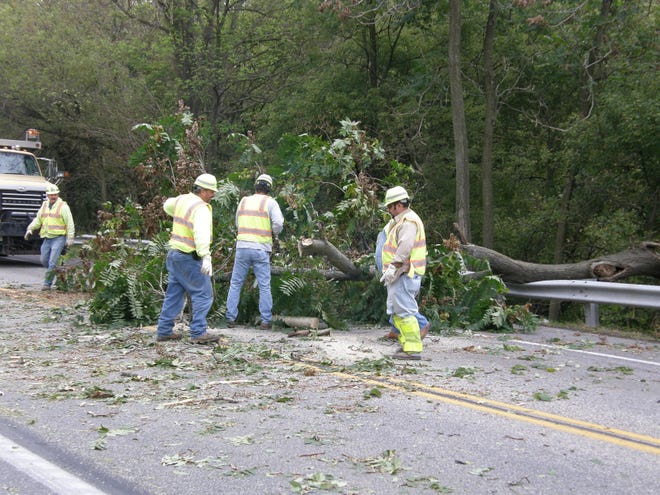 Strong winds Tuesday morning blew over a tree, closing both lanes on Route 16 near the Washington-Antrim township line. Traffic was detoured onto Waynecastle Road just east of the incident. The road was closed for approximately a half-hour as state Department of Transportation crews worked to clear the tree and its debris from the road. The tree hit and dented a guard rail, which PennDOT workers said will need to be replaced eventually but not immediately. Fire police from Greencastle’s Rescue Hose Co. directed traffic around the scene