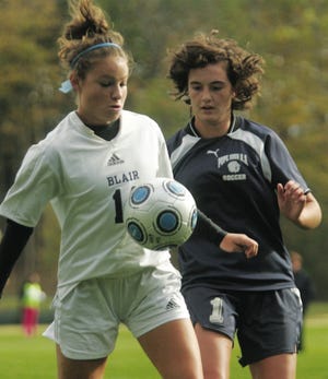 Photo by Daniel Freel/New Jersey Herald
 Blair Academy’s Arielle Aikens, left, needs 18 more goals to reach 100 for her career. A resident of Wantage, Aikens may be the best soccer player in the county.