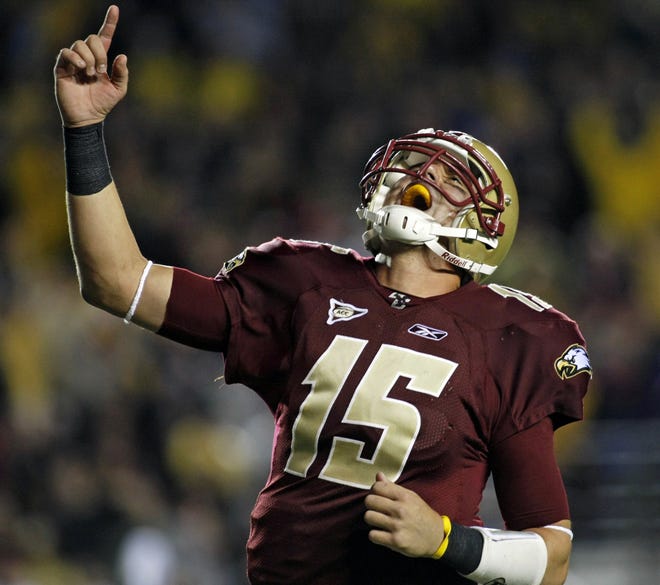 Boston College quarterback Dave Shinkie points to the sky after the Eagles scored late in the fourth quarter of their win over Florida State.