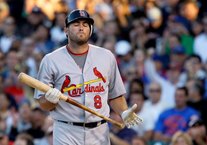 St. Louis Cardinals' Troy Glaus reacts after striking out against the Chicago Cubs during the first inning of a baseball game Sunday, Aug. 10, 2008, in Chicago. (AP Photo/M. Spencer Green)
