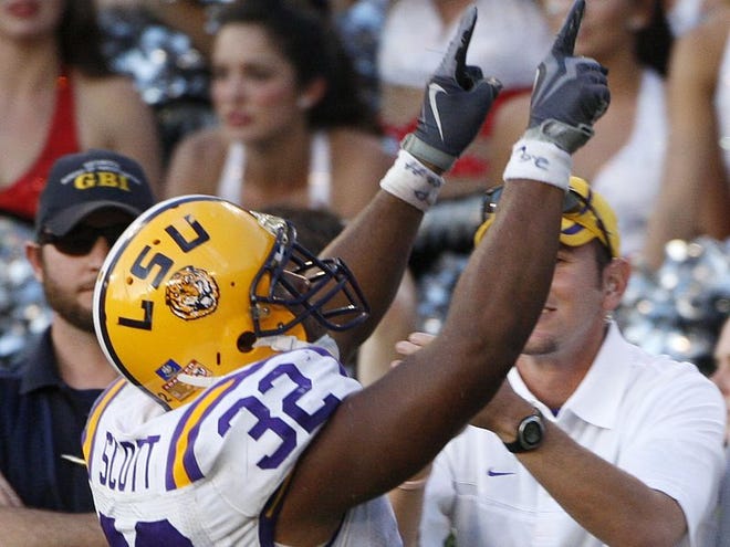 LSU running back Charles Scott was flagged for excessive celebration for pointing his hands in the sky after scoring the game-winning touchdown last Saturday vs. Georgia.