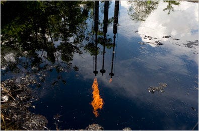 A pool of oil in Lago Agrio, an Ecuadorean town in the Amazon where Texaco left contamination. Chevron, which acquired Texaco, has inherited its legal troubles.