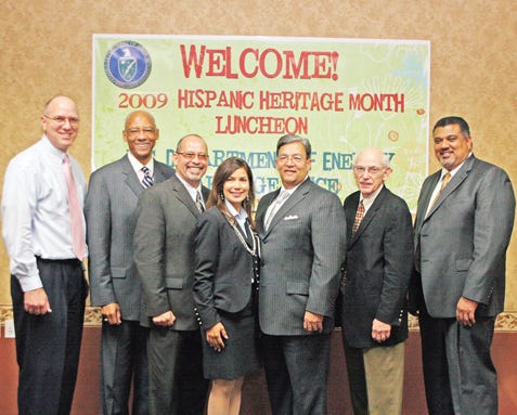 Ted Sherry, from left, Rufus Smith, Jorge Ferrer, Mildred Ferre, Armando Rodriguez, Robert Brown and Leon Duquella at the Hispanic Heritage luncheon Thursday.