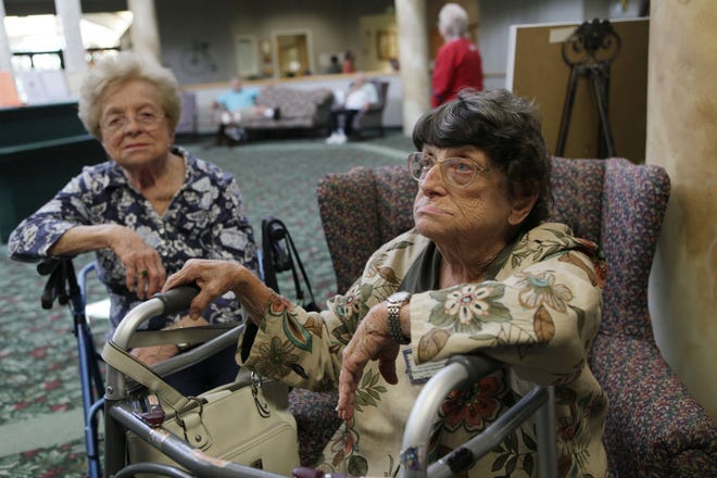 Marie Arrasate, left, and Joan McGarr discuss the Social Security payment during an interview Thursday, Oct. 15, 2009 at the Southwest Focal Senior Center in Pembroke Pines, Fla. There will be no cost-of-living increase for more than 50 million Social Security recipients next year, the first year without a raise since automatic adjustments were adopted in 1975. (AP Photo/J Pat Carter)