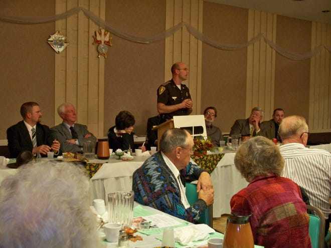 One of the speakers at Friday’s annual Farm Bureau meeting held in the KC Hall was ND Highway Patrol Capt. Kyle Ternes who spoke about the Farm Bureau incentive for young people to drive safely called Route 1,000.