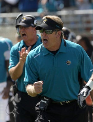 Jaguars coach Jack Del Rio reacts during a game against the St. Louis Rams. The Associated Press