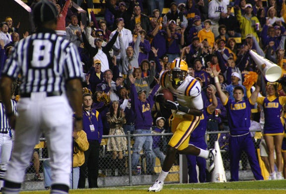 LSU’s Brandon LaFell hauls in a 39-yard touchdown reception from Jordan Jefferson in the first quarter of the Tigers’ 42-0 victory Saturday night in Death Valley.