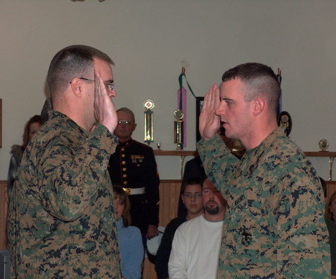 Sgt. Bradley Luke (right), of Stockton, was promoted to Gunnery Sergeant at a ceremony Sunday in his hometown.
