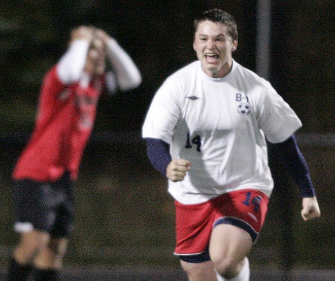 Bridgewater-Raynham's Skylor Nelson celebrates his game-winning goal in the second half of Saturday's playoff game against Durfee.
