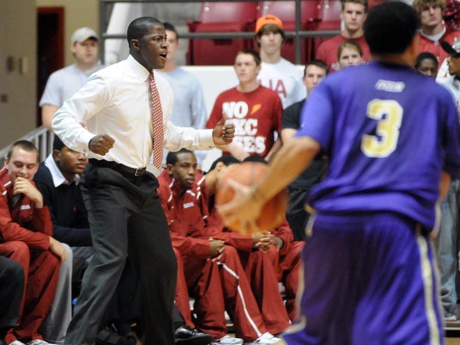 University of Alabama head coach Anthony Grant reacts as he watches the Crimson Tide play defense against Montevallo last Wednesday night at Coleman Coliseum. The Tide faces Augusta State tonight in a exhibition game.