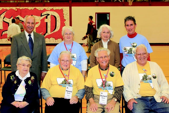 (Front from left) Martha and Howard Moore, Richard Moore, Wayne Johnson; (back) Rep. Rich Myers, Pat Corben (Honor Flight guardian and daughter of Martha and Howard), Donna Moore (Richard’s wife) and Judy Clevenger (guardian of Johnson).