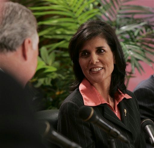 Gubernatorial hopeful Rep. Nikki Haley, R-Lexington, tells fellow gubernatorial candidate Sen. Larry Grooms, R-Berkeley, her reasons for being a better governor during a debate on Nov. 3 at Orangeburg-Calhoun Technical College in Orangeburg. Jenny Sanford, the jilted first lady of South Carolina, announced Wednesday that she is endorsing Haley who is seeking to fill her estranged husband's gubernatorial post.
