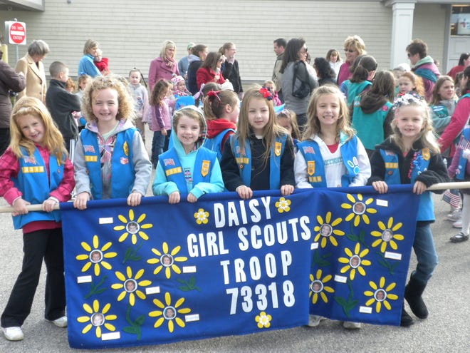 Members of Daisy Troop 73318 at St. Francis Xavier School in Weymouth participated in a Veterans Day event at the Weymouth Elks Lodge. From left are Olivia Diersch, Katarina Spear, Shannon Leary, Grace Malick, Paige Valicienti and Caitlin Sullivan.