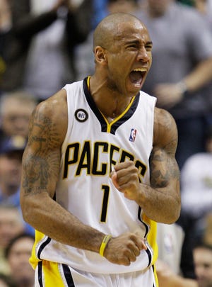 Indinapolis guard Dahntay Jones reacts after a turnover by the Celtics during the fourth quarter of the Pacers' 113-104 victory on Saturday night.