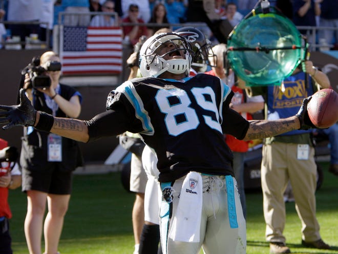 Carolina receiver Steve Smith celebrates after a touchdown catch against the Atlanta Falcons on Sunday in Charlotte, N.C.