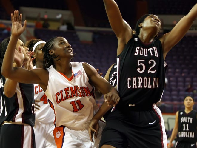Clemson's Lele Hardy (11), a former Spartanburg High star, recorded a double-double against rival South Carolina on Thursday in Clemson.
