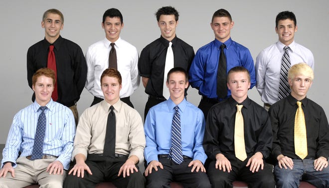 Members of the Stark County Division I boys soccer team include (front row, left to right) Marc Julian, GlenOak; Pat Julian, GlenOak; Brian Zilla, Jackson; Greg Marchand, Jackson; Chase Knowles, Hoover; (back row) Thomas Ballas, Hoover; Derek Zuniga, Jackson; Joe Fisher, Perry; Andrew Cosentino, Perry; and Angelo Capuano, Perry.