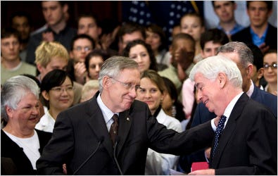 Senator Harry Reid, left, the majority leader, on Thursday with Senator Christopher J. Dodd at a Capitol Hill news conference.