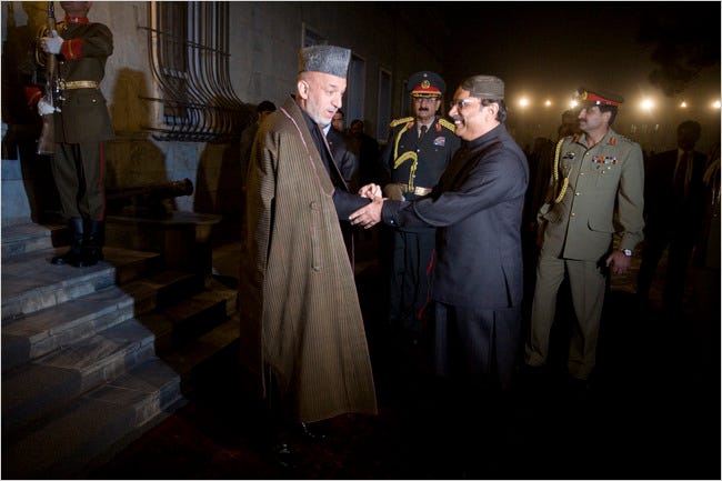 On Wednesday, President Hamid Karzai of Afghanistan, left, greeted President Asif Ali Zardari of Pakistan in Kabul.