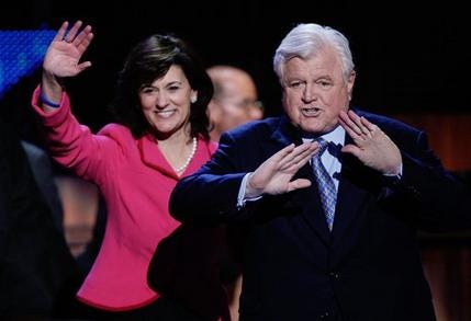 In this Aug. 25, 2008 file photo, the late Sen. Edward M. Kennedy, D-Mass., and his wife, Victoria Reggie Kennedy, wave after he spoke at the Democratic National Convention in Denver.