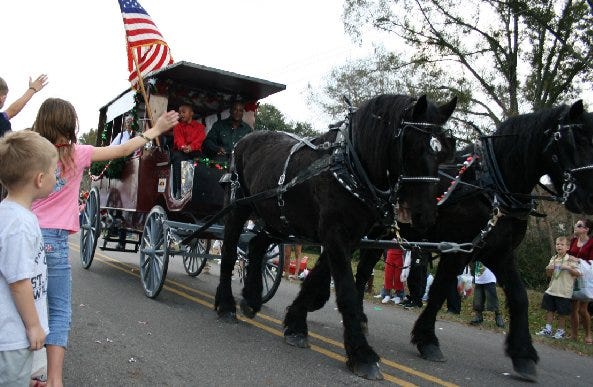 Horses pull a carriage in a past Christmas parade. No alcohol or pets will be allowed at this year’s parade. Horses and seeing eye dogs are exempted from the ordinance.