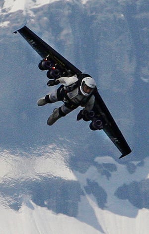 Yves Rossy is shown flying over the Alps in Bex, Switzerland, on May 14, 2008.