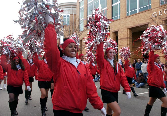 The Brockton High School majorettes on Main Street during last year's parade.